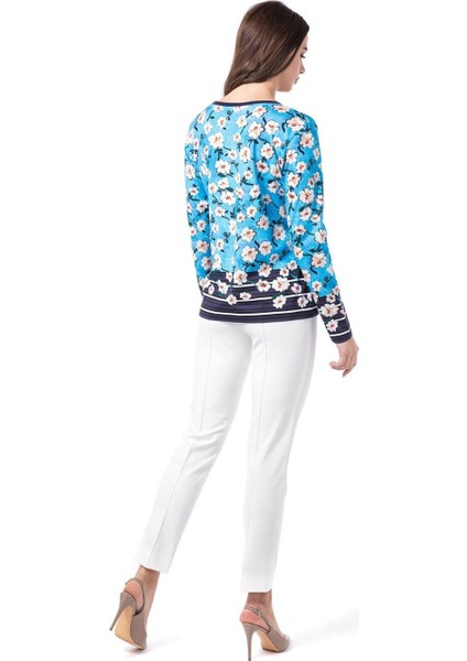 Çiçek Desenli Uzun Kol Mavi Pamuk T-Shirt modelleri