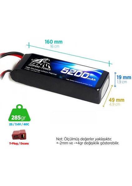 Leopard Power 5200 mAh 7.4V 2S 40C Lityum Polimer Lipo Batarya Pil T Plug