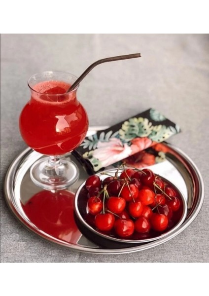 Gümüş Renk 6'lı Paslanmaz Çelik 21CM Yuvarlak Çay, Kahve, Pasta Servis Tepsisi Dekoratif Sunum Tepsisi