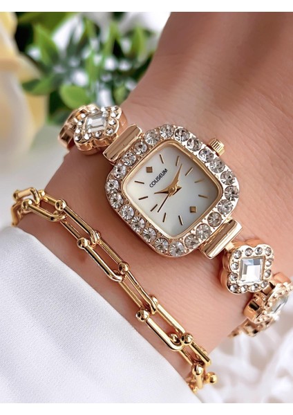 Özel Tasarım Taşlı Kasa ve Kordon Vintage Seri Kadın Kol Saati+ Bileklik Hediyeli CL8712.T1