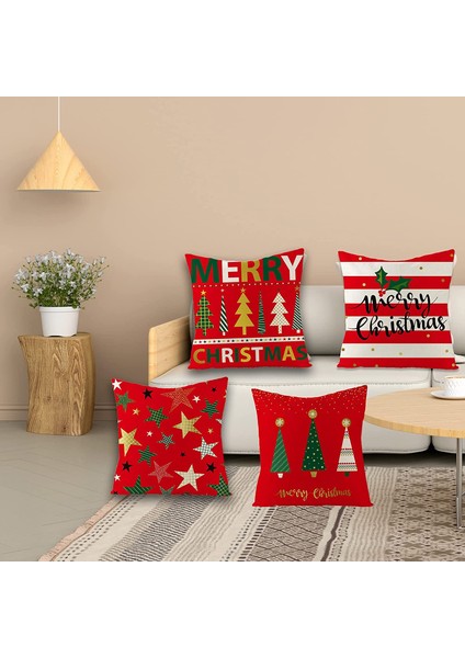 Noel Yastık Kılıfı 4'lü Keten Noel Yastık Kılıfı Seti (Yurt Dışından)