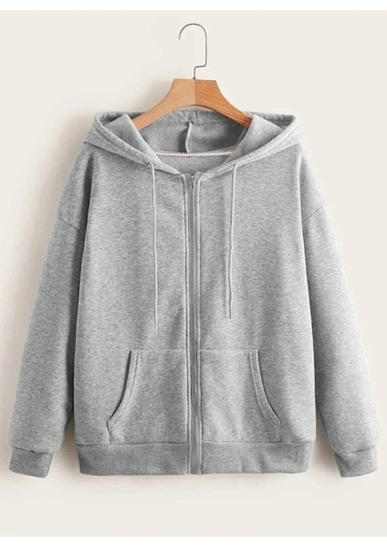Kapüşonlu Fermuarlı Oversize Mevsimlik Gri Hırka / Sweatshirt