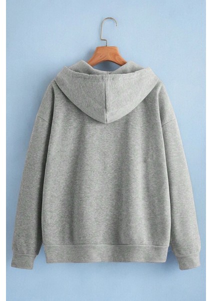 Kapüşonlu Fermuarlı Oversize Mevsimlik Gri Hırka / Sweatshirt