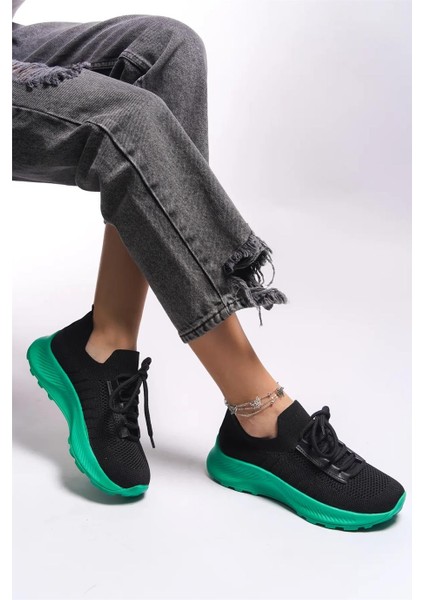 Bağcıklı Unisex Triko Spor Ayakkabı-Siyah-Yeşil