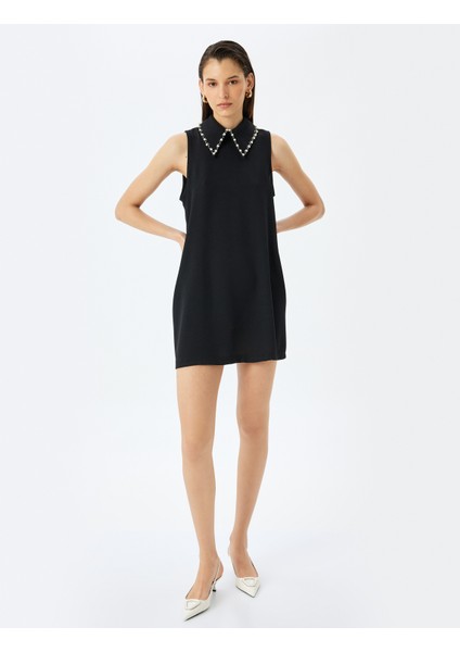 Boncuk Işlemeli Gömlek Yaka A Kesim Kolsuz Mini Elbise modelleri