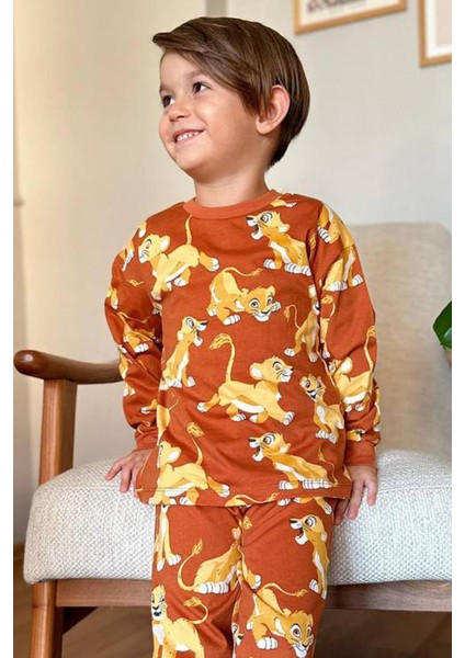 Erkek Çocuk Aslan Kral Baskılı Penye Kiremit Pijama Takım modelleri