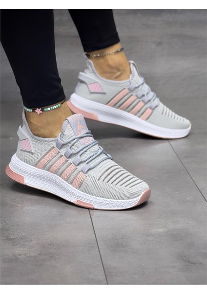 Kadın Bağcıklı Triko Spor Ayakkabı-Buz-Pudra