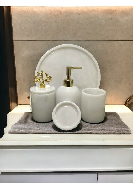 Beyaz Mermer 5 Parça Banyo Seti (Gold Aksesuarlı) Tepsi-Katı Sabunluk-Sıvı Sabunluk-Diş Fırçalık-Pamukluk fırsatları