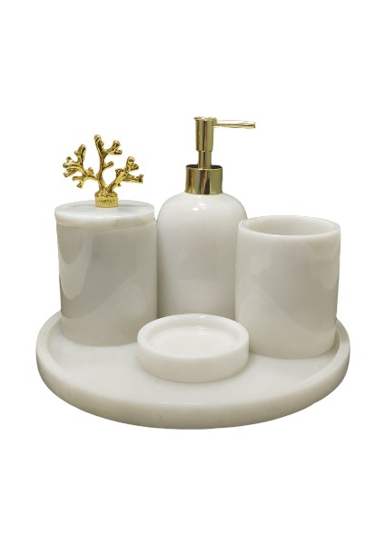 Beyaz Mermer 5 Parça Banyo Seti (Gold Aksesuarlı) Tepsi-Katı Sabunluk-Sıvı Sabunluk-Diş Fırçalık-Pamukluk