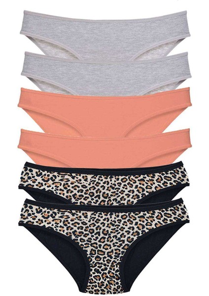 6 Adet Likralı Kadın Slip Külot Leopar Gri Pudra