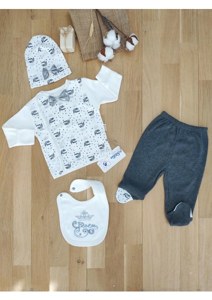 Erkek Bebek 4 Lü Hastane Çıkışı Gri Zıbın Seti STL5123