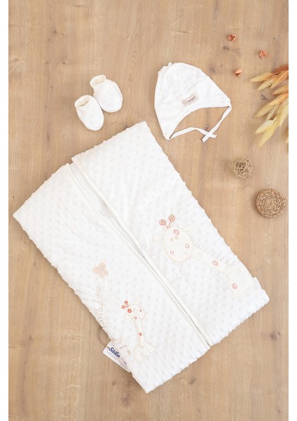 Kız Erkek Bebek Kadife Fermuarlı Şapka Patikli Kundak Battaniye Seti STL6784