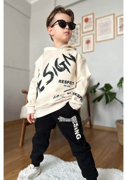 Erkek Çocuk Çift Baskılı Respect Design Yazı Şardonlu Siyah Alt Eşofman Takım