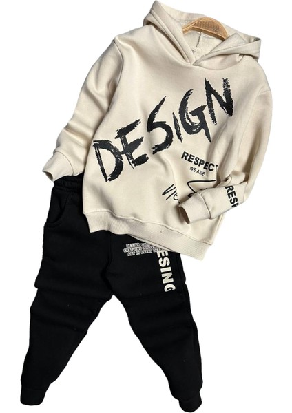 Erkek Çocuk Çift Baskılı Respect Design Yazı Şardonlu Siyah Alt Eşofman Takım