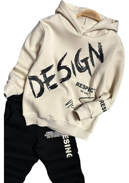 Erkek Çocuk Çift Baskılı Respect Design Yazı Şardonlu Siyah Alt Eşofman Takım