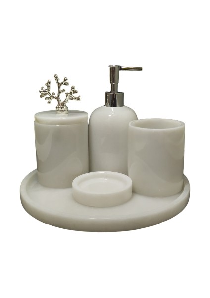 Beyaz Mermer 5 Parça Banyo Seti (Gümüş Aksesuarlı) Tepsi-Katı Sabunluk-Sıvı Sabunluk-Diş Fırçalık-Pamukluk