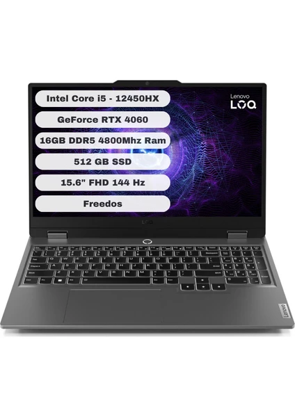 LOQ Intel Core i5 12450HX 16GB 512GB SSD RTX4060 Freedos 15.6" FHD Taşınabilir Bilgisayar 83GS0060TR