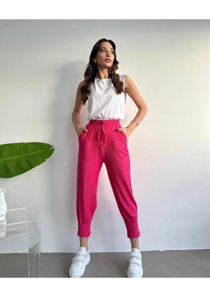 Pembe Bel Büzgülü Bürümcük Kumaş Kadın Eşofman Alt modelleri