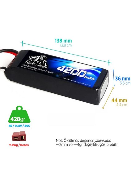 Leopard Power 4200 mAh 14.8V 4S 40C Lityum Polimer Lipo Batarya Pil T Plug