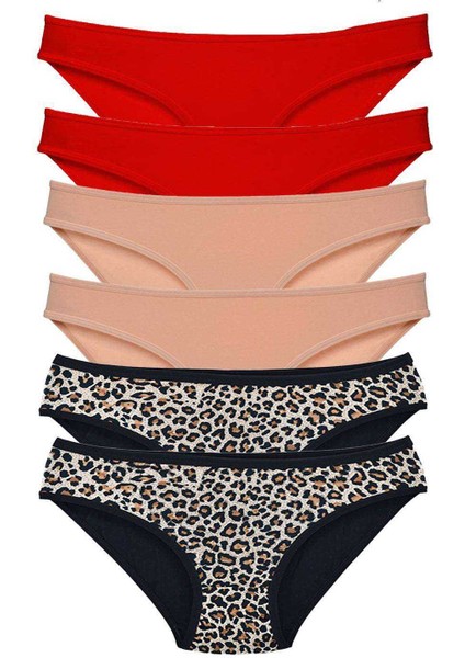 6 Adet Likralı Kadın Slip Külot Leopar Kırmızı Ten