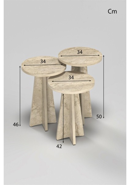 3'lü Traverten Desenli Mantar Model Zigon Sehpa 34 Çap Yuvarlak 42-46-50 cm Yükseklik