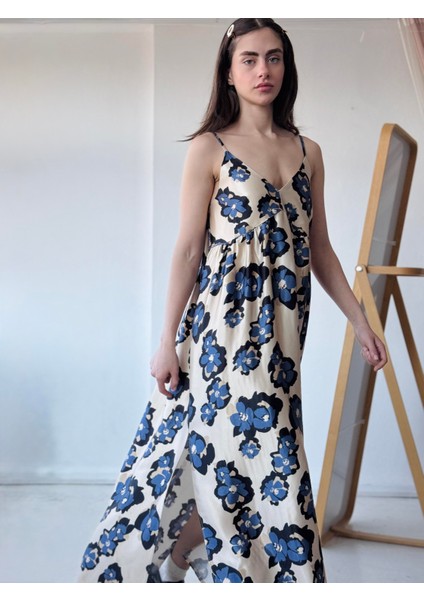 Tasarım June Saten Yüzeyli Askılı Yırtmaçlı Elbise Kadın Krem fiyatları