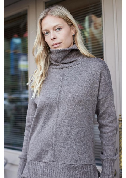 Kadın Degaje Balıkçı Yaka Uzun Kol Hafif Esnek Uzun Triko Kazak-Vizon