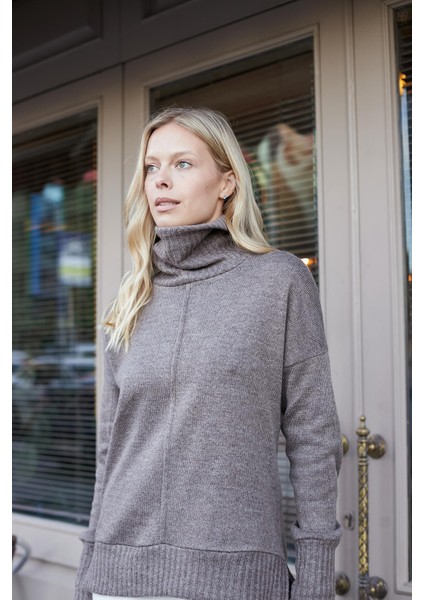 Kadın Degaje Balıkçı Yaka Uzun Kol Hafif Esnek Uzun Triko Kazak-Vizon fiyatları