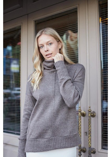 Kadın Degaje Balıkçı Yaka Uzun Kol Hafif Esnek Uzun Triko Kazak-Vizon modelleri