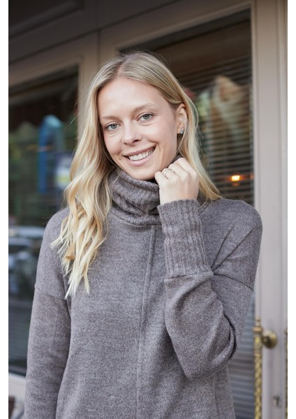 Kadın Degaje Balıkçı Yaka Uzun Kol Hafif Esnek Uzun Triko Kazak-Vizon fırsatları