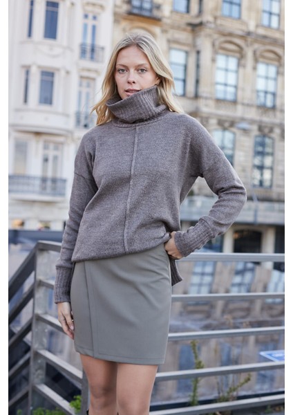 Kadın Degaje Balıkçı Yaka Uzun Kol Hafif Esnek Uzun Triko Kazak-Vizon indirimleri