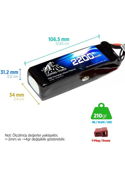 2200 mAh 14.8V 4S 25C Lityum Polimer Lipo Batarya Pil T Plug