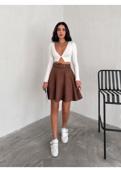 Kadın Midi Boy Kemerli Süet Kloş Etek fiyatları