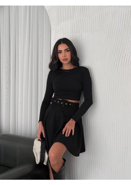 Kadın Midi Boy Kemerli Süet Kloş Etek fiyatları