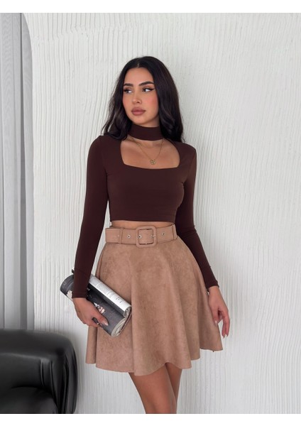 Kadın Midi Boy Kemerli Süet Kloş Etek modelleri