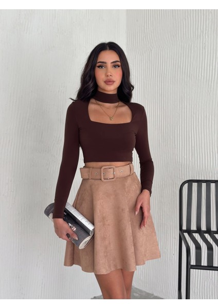 Kadın Midi Boy Kemerli Süet Kloş Etek modelleri