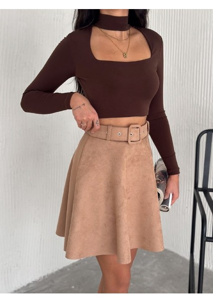 Kadın Midi Boy Kemerli Süet Kloş Etek fırsatları