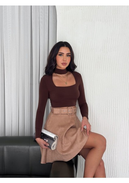 Kadın Midi Boy Kemerli Süet Kloş Etek indirimleri