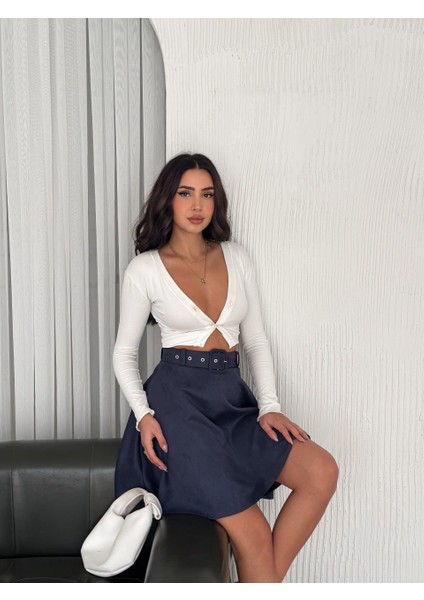 Kadın Midi Boy Kemerli Süet Kloş Etek modelleri