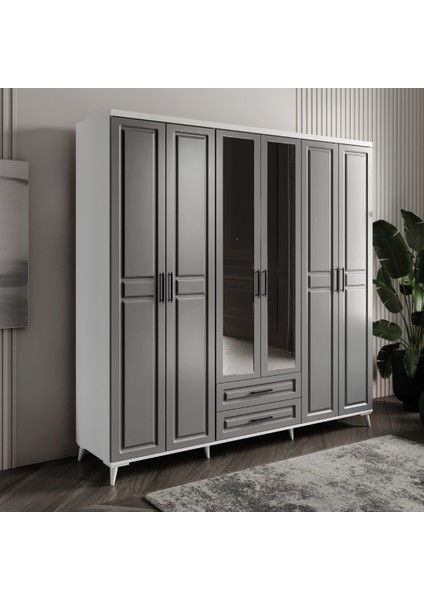 Ücretsiz Montaj - %100 MDF Gözde 6 Kapaklı Antrasit Beyaz Aynalı Gardırop - MDF Dolap - Elbise Dolabı