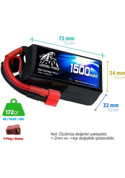 1500 mAh 14.8V 4S 25C Lityum Polimer Lipo Batarya Pil T Plug