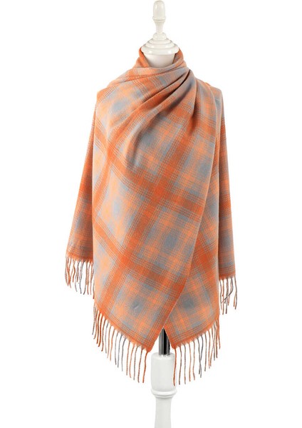 Turuncu Gri Desenli Kışlık Şal