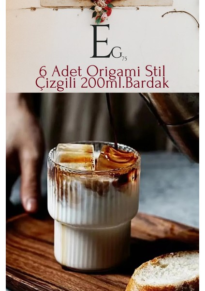 6 Adet Origami Stil Çizgili 200 ml Isıya Dayanıklı Borosilikat Kahve ve Çay Bardağı