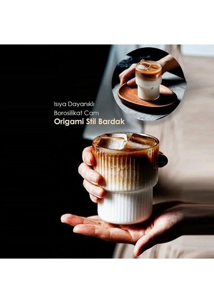 6 Adet Origami Stil Çizgili 200 ml Isıya Dayanıklı Borosilikat Kahve ve Çay Bardağı