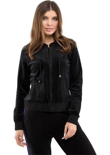 Sport Sırt Detaylı Kapüşonlu Fermuarlı Kadife Pamuklu Sweatshirt