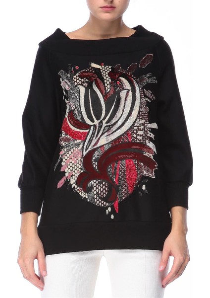 Kayık Yaka Baskılı Siyah Sweatshirt