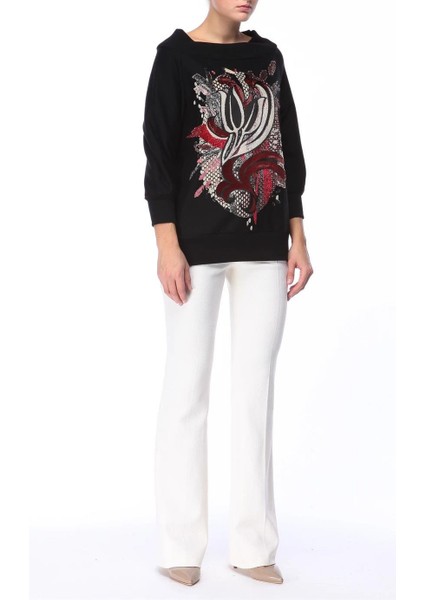 Kayık Yaka Baskılı Siyah Sweatshirt