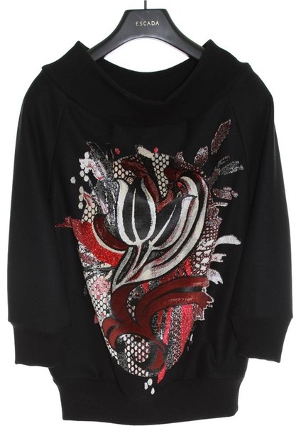 Kayık Yaka Baskılı Siyah Sweatshirt
