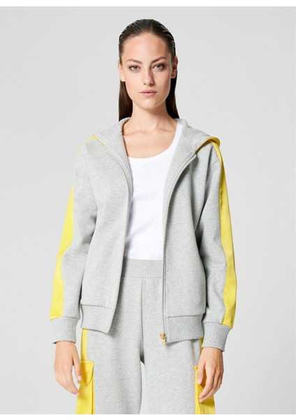 Sport Renk Detaylı Kapüşonlu Fermuarlı Gri Pamuk Sweatshirt