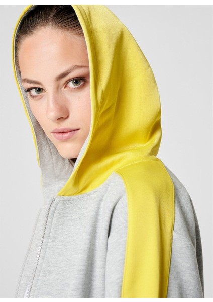 Sport Renk Detaylı Kapüşonlu Fermuarlı Gri Pamuk Sweatshirt